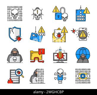 Cyber attack line icons, hackers crime and computer security fraud or internet phishing, vector symbols. Cyber attack with web bug virus and digital password code, computer data cyber crime hacker Stock Vector