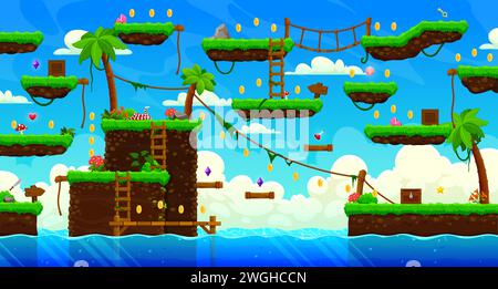 Arcade tropical island game level map interface. Sky clouds, palms and lianas, golden coins, platforms and bonuses, stairs or bridges over the sea. Cartoon vector fantasy world location Ui landscape Stock Vector
