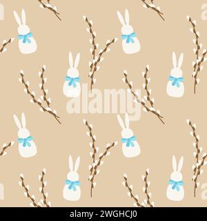Pattern of white Bunny and willow branches on soft beige background, Easter design. Vector illustration Stock Vector