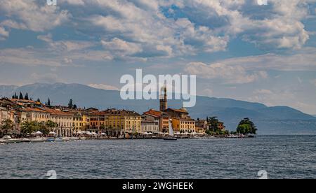 The Cathedral of Santa Maria Annunziata on the waterfront lake shore at Salo, Lake Garda, Italy with copy space Stock Photo