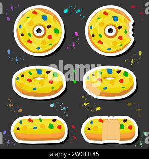 Illustration on theme big set different types sticky donuts, sweet doughnuts various size, donut pattern consisting of collection organic doughnuts fr Stock Vector