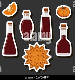 Illustration on theme big set different types liquid oil, bottle various size, collection meal oil for organic health beverage in bottle, oil in exclu Stock Vector