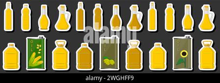 Illustration on theme big kit oil in different glass bottles for cooking food, glass bottles consisting of fresh useful oil to cooking nutrition, oil Stock Vector
