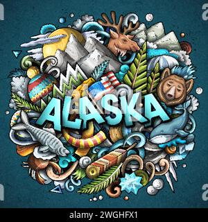 Alaska hand drawn cartoon doodle illustration. Funny USA State design. Creative art vector background. Handwritten text with elements and objects. Col Stock Vector