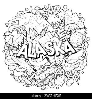 Alaska hand drawn cartoon doodle illustration. Funny USA State design. Creative art vector background. Handwritten text with elements and objects. Lin Stock Vector