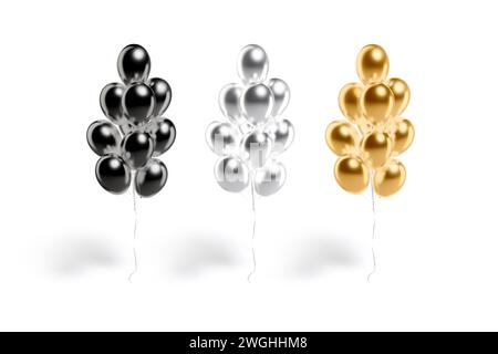 Blank black, gold and silver round balloon bouquet mockup, isolated, 3d rendering. Empty mylar cascaded balloons heap mock up, front view. Clear gloss Stock Photo