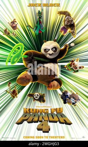 Kung Fu Panda 4 (2024) directed by Mike Mitchell and Stephanie Stine and starring Jack Black, Awkwafina and Viola Davis. After Po is tapped to become the Spiritual Leader of the Valley of Peace, he needs to find and train a new Dragon Warrior, while a wicked sorceress plans to re-summon all the master villains whom Po has vanquished to the spirit realm. US advance poster ***EDITORIAL USE ONLY***. Credit: BFA / Universal Pictures Stock Photo