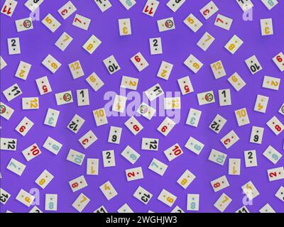 Plastic tiles from the game rummikub, rummicub or  okey in Turkey , scattered and arranged on  purple background, seamless pattern Stock Photo