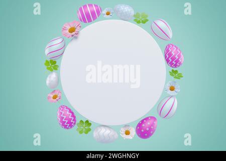 White circle surrounded by Easter eggs and flowers. 3D rendering Stock Photo