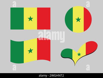 Flag of Senegal. Senegal flag in heart shape. Senegal flag in circle shape. Country flag variations Stock Vector