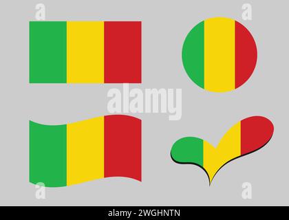 Flag of Mali. Mali flag in heart shape. Mali flag in circle shape. Country flag variations Stock Vector