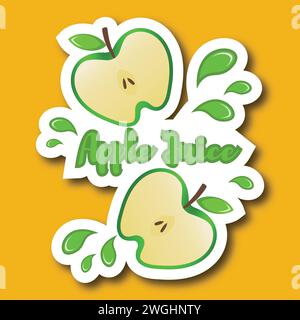 Sticker with green apples and juice drops. Sticker with the inscription apple juice. Stock Vector