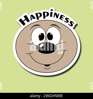 Happy face sticker. Happy emoticon. Smiling cartoon character. Sticker with the inscription Happiness Stock Vector