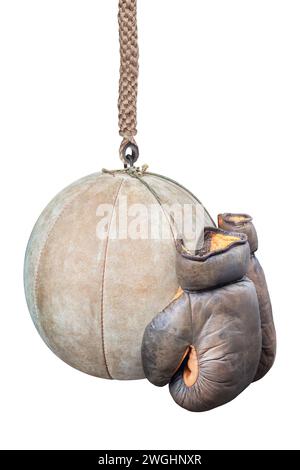 Vintage leather boxing gloves and training ball isolated on a white background Stock Photo