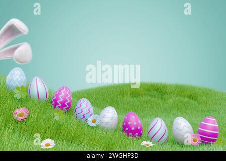 A bunny hunts for Easter eggs on a lawn in the grass. Banner border. 3D rendering Stock Photo