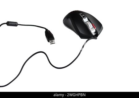 Black wired computer mouse on white background. technology Stock Photo