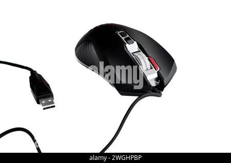Black wired computer mouse on white background. technology Stock Photo
