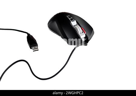 Black wired computer mouse on white background. technology Stock Photo