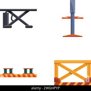 Auto lift icons set cartoon vector. Car lift stand tower. Car service, wheel replacement Stock Vector