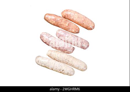 Assorted fresh raw pork, beef and chicken sausages with spices. Isolated on white background. Top view Stock Photo
