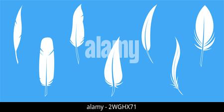 Set of black feather in a flat style. Set of bird feather. Pen vector icons. Black quill feather silhouette.  Stock Vector