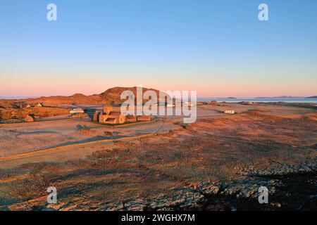 Aerial view on a cold frosty and sunny winters morning over Iona Abbey on the Isle of Iona Stock Photo