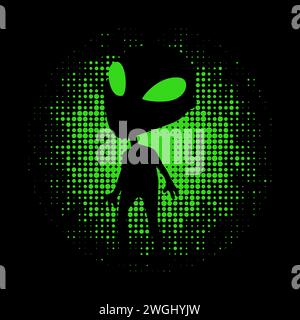 Silhouette illustration of an alien on green light Stock Vector