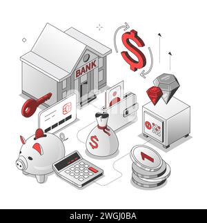 Finances and banking - red and black isometric line illustration Stock Vector