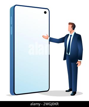 Businessman standing near smart phone presenting blank screen, presentation template, vector illustration Stock Vector