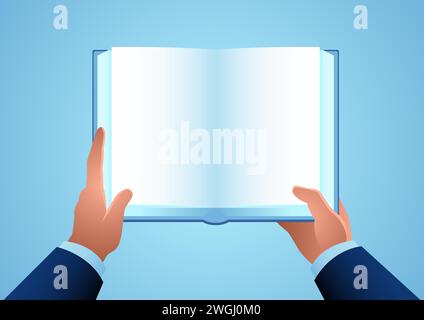 Mans hand holding an opened book, vector illustration Stock Vector