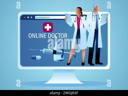 Doctors with stethoscope on computer screen, online medical support concept, vector illustration Stock Vector