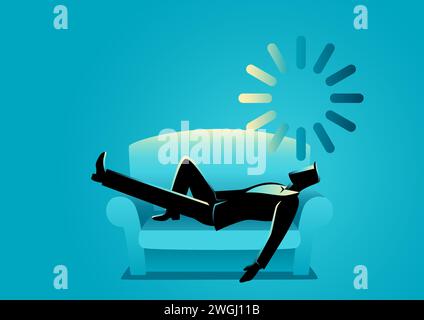 Business illustration of a businessman taking a nap on sofa with loading icon on his head, resting, lagging concept Stock Vector
