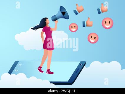 Female figure standing on smartphone using megaphone to attract likes on social media, influencer, beauty flogger, self promotion on social media, vec Stock Vector