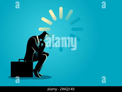 Vector illustration of businessman sitting pensively on a suitcase and loading icon Stock Vector