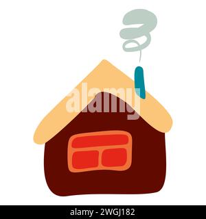 Small Colorful crooked house in Flat style with Smoke from Chimney, Roof and Window. Cartoon Children drawing Vector illustration Isolated white backg Stock Vector