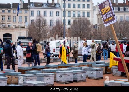 Mobilization of beekeepers who denounce competition from honey imports and demand a guarantee and protection of their income. Stock Photo