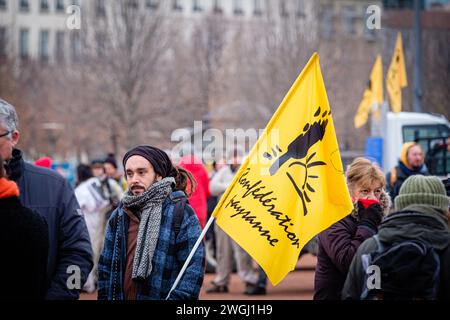 Mobilization of beekeepers who denounce competition from honey imports and demand a guarantee and protection of their income. Stock Photo