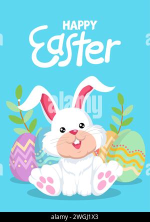 Easter bunny cartoon and eggs on blue background, vector illustration Stock Vector
