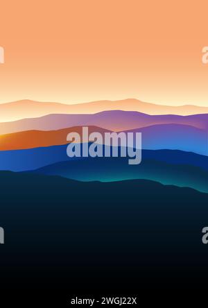 Graphic illustration of sunrise view in the mountains, landscape in beautiful colors, dramatic scene. Stock Vector