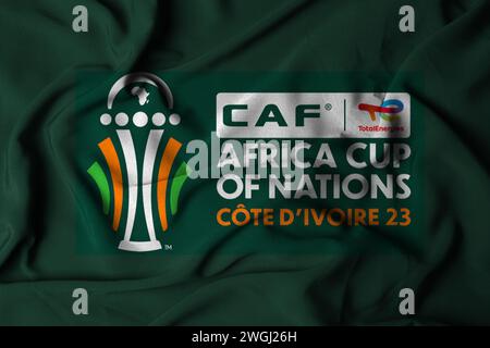 pringsewu, Lampung; February 5, 2024; selective focus of 2023 african nations cup logo. Logo with waving fabric texture. 3D illustration Stock Photo