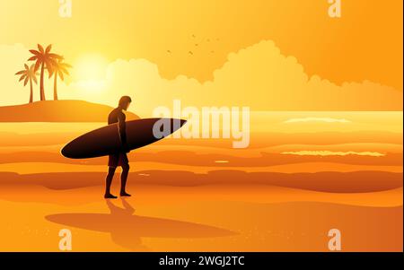 Beach panorama of a surfer walking on the beach, summer vacation, water sports, vector illustration Stock Vector