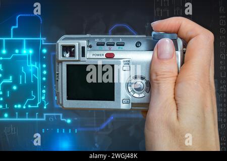 Woman hand touching The metaverse universe, Digital transformation Stock Photo