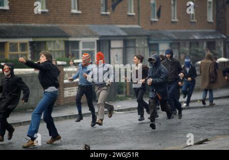 Hooded Catholic youths riot Belfast Northern Ireland 1981 Probably taken in Etna Drive, Ardoyne north Belfast. Stock Photo