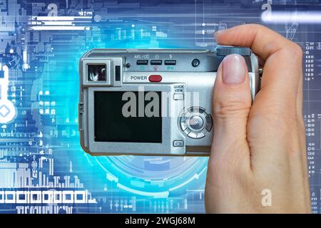 Woman hand touching The metaverse universe, Digital transformation Stock Photo