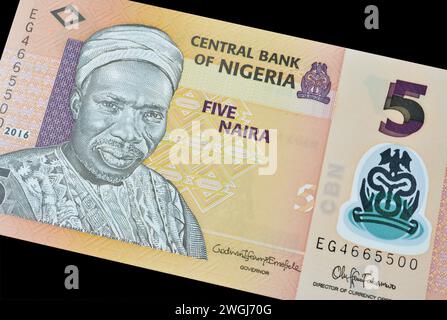 Obverse of 5 Naira banknote printed by Nigeria, that shows Portrait of Alhaji Sir Abubakar Tafawa Salewa Stock Photo