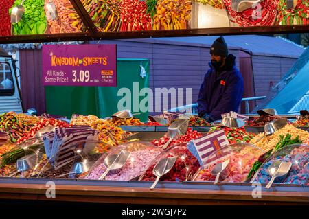 Kingdom of Sweets market stall at Glasgow Christmas Market. Stock Photo