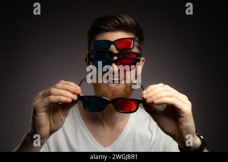 funny bearded man with anaglyph glasses Stock Photo