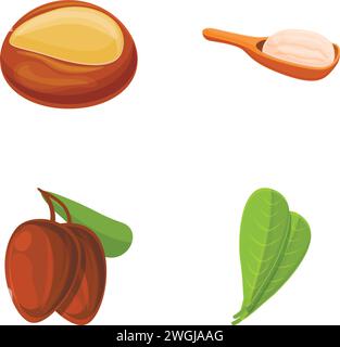 Shea nut icons set cartoon vector. Shea nut and leaf with liquid extract. Cosmetic ingredient Stock Vector