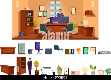 School principal office room icons set cartoon vector. Workplace furniture. Director table Stock Vector