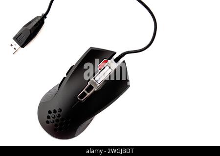 Professional gaming wired mouse isolated on a white background, top view Stock Photo